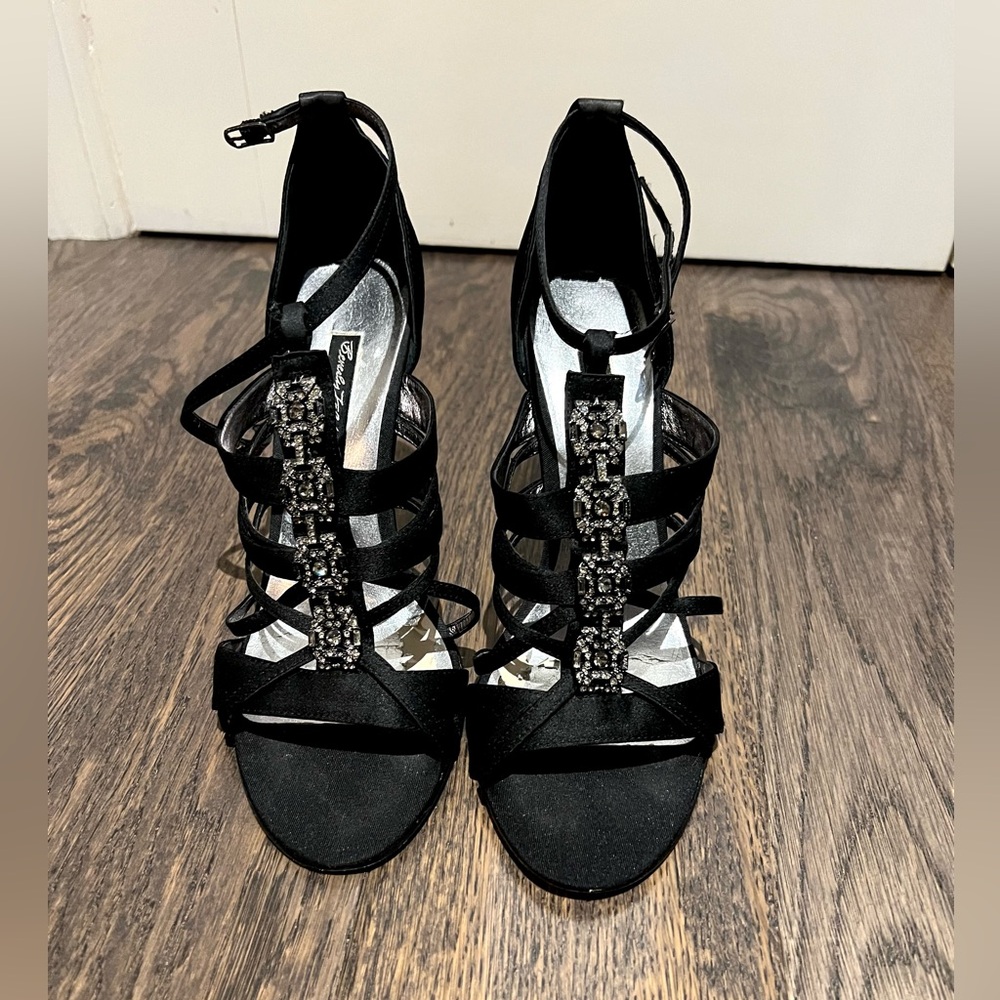 Beverly Feldman Evening or Wedding Shoes / Sandals, Black Satin, Size 9